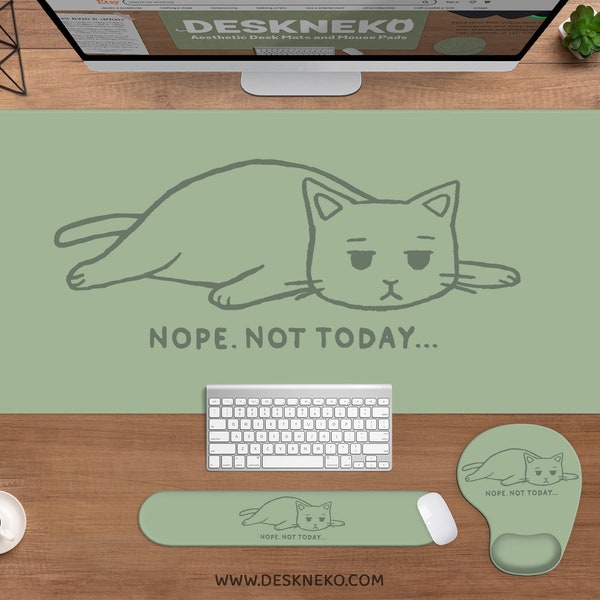 Lazy Cat Deskmat green, Cute Mousepad not today, Kawaii sage matcha color keyboard wrist rest, XXL large rgb led gaming desk mat mouse pad