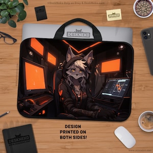 May include: Laptop sleeve featuring a digital art design of an anthropomorphic wolf character in a hoodie, surrounded by computer screens with orange interfaces. The text "DESIGN PRINTED ON BOTH SIDES!" is visible. The sleeve has a black handle and is on a wooden surface.