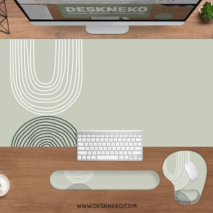 Abstract Desk Mat sage green mint, Minimalist Mouse Pad large, Boho simple neutral round, wrist rest, XXL wide extended deskmat mousepad
