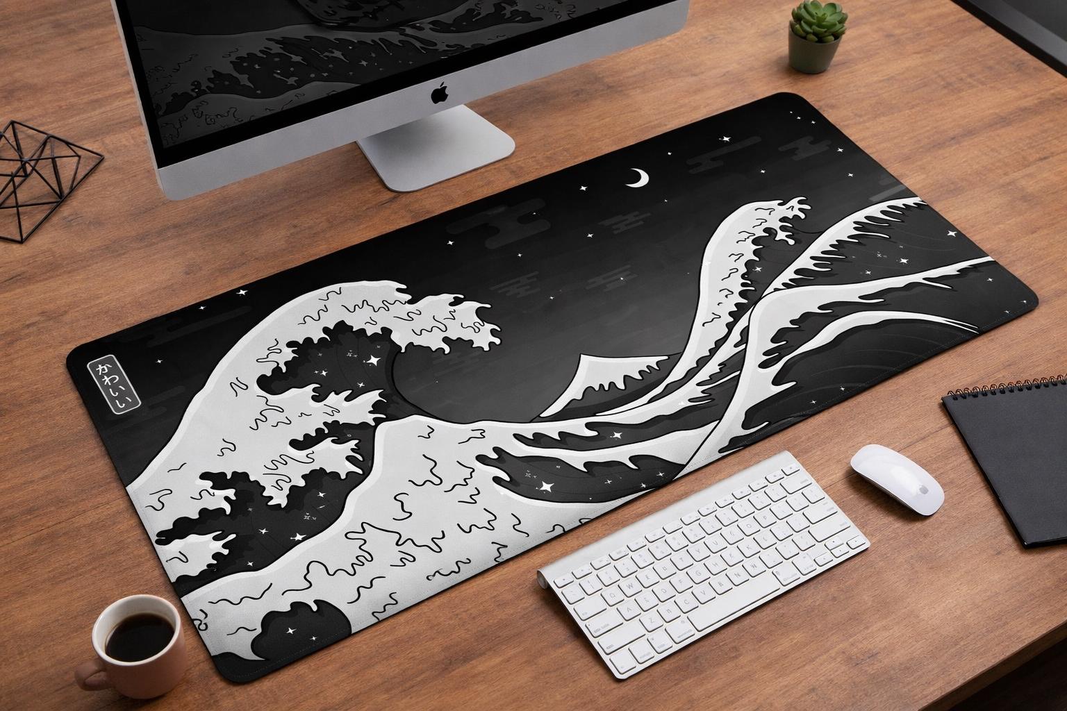 Black Desk Mat: Great Wave Mousepad Xl, Hokusai Minimal Dark White
