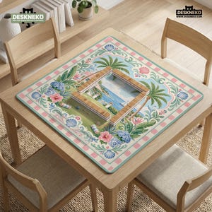 May include: A square desk mat with a tropical beach scene design. The mat features a central rectangular cutout with a miniature golf course and ocean view. Palm trees, flowers, and seashells decorate the border. The mat is on a wooden table.