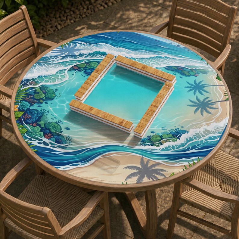 May include: A round table featuring a vibrant beach-themed surface with illustrations of turquoise ocean waves, coral reefs, and palm trees. Centered on the tabletop is a square wooden frame composed of light brown bamboo-style segments.