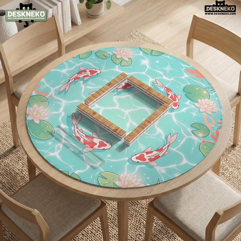 May include: A round desk mat featuring a light blue water surface pattern with white koi fish, pink water lilies, and green lily pads. A square wooden frame sits in the center of the mat. The text DESKNEKO is visible in the top corners.
