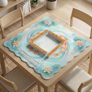 Aqua Koi Mahjong Mat, American Mahjong Table Mat, Lotus Fish Playmat, Japanese Pond Game Night Mat, Soft Blue Host Gift, Mahjongg image 4