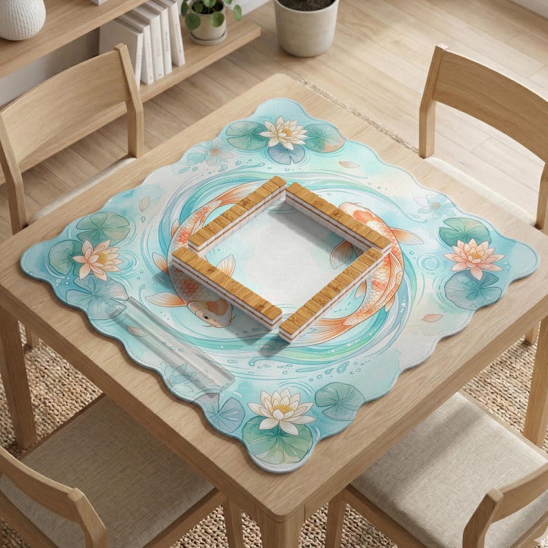 Aqua Koi Mahjong Mat, American Mahjong Table Mat, Lotus Fish Playmat, Japanese Pond Game Night Mat, Soft Blue Host Gift, Mahjongg image 4