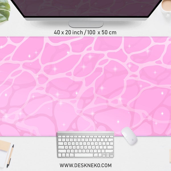 Pink desk mat cute mousepad kawaii, Aesthetic pastel water mouse pad with wrist rest, XXL gaming deskmat RGB LED, Small round mousemat xl