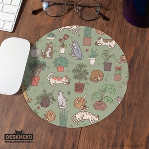 Sage Green Mouse Pad, Cute Cats Mousepad, Ergonomic Keyboard Wrist Rest, Deskmat mouse mat small round, Nature Plant lover Desk Decor gift