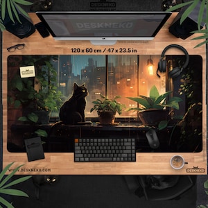 Cat & Plants Desk Mat, Cozy Lofi Mouse Pad, XL Gaming Mousepad led, anime rgb deskmat xxl, dark academia aesthetic, Cute office decor gift
