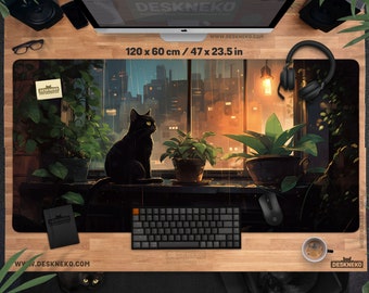 Cat & Plants Desk Mat, Cozy Lofi Mouse Pad, XL Gaming Mousepad led, anime rgb deskmat xxl, dark academia aesthetic, Cute office decor gift