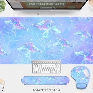 Pastel Desk Mat Anime, Aesthetic Mousepad jellyfish, Purple blue violet pink, Kawaii blue ocean waves sea deskmat rgb led, Cute mouse pad