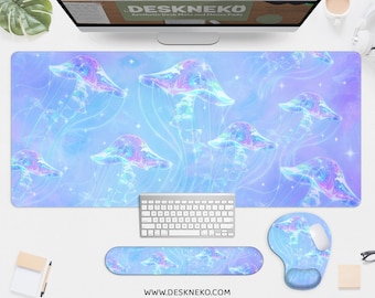 May include: Aesthetic desk mat and accessories with a jellyfish design. The mat, wrist rest, and mousepad have a blue and purple colour scheme with jellyfish illustrations. The website address www.deskneko.com is visible.