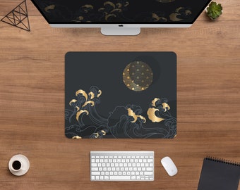 Gold Wave Desk Mat Mousepad Japanese, Black Abstract Ocean and Sun Japan,  Boho Chic Desk Accessories, Xxl Gaming Deskmat Mouse Pad Large Xl 