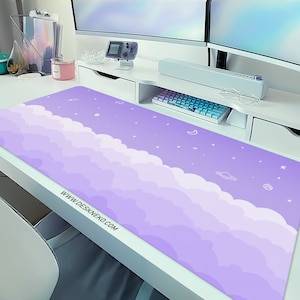 Tappetino da scrivania Cute Clouds Viola, Tappetino per mouse grande Kawaii, Cielo estetico pastello, Tastiera estesa opaca, Tappetino per mouse LED RGB XL, Tappetino da gioco XXL