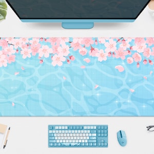 Blue Pink Desk Mat Kawaii Anime Mousepad Cute, aesthetics Mousepad Sakura Flowers in Spring, kawai Japanese deskmat, xxl gaming mouse pad