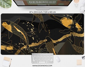 Koi deskmat mousepad, Japanese Fish mouse pad, Black and gold abstract marble asian oriental art, XXL large long rgb led gaming deskmat xl
