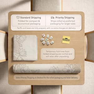 Puede incluir: Una superficie de madera muestra una esterilla plegada y enrollada con un dise&ntilde;o floral, junto con fichas de Mahjong y una pegatina DESKNEKO. El texto indica las opciones de env&iacute;o est&aacute;ndar y prioritario, detallando el embalaje y la entrega.
