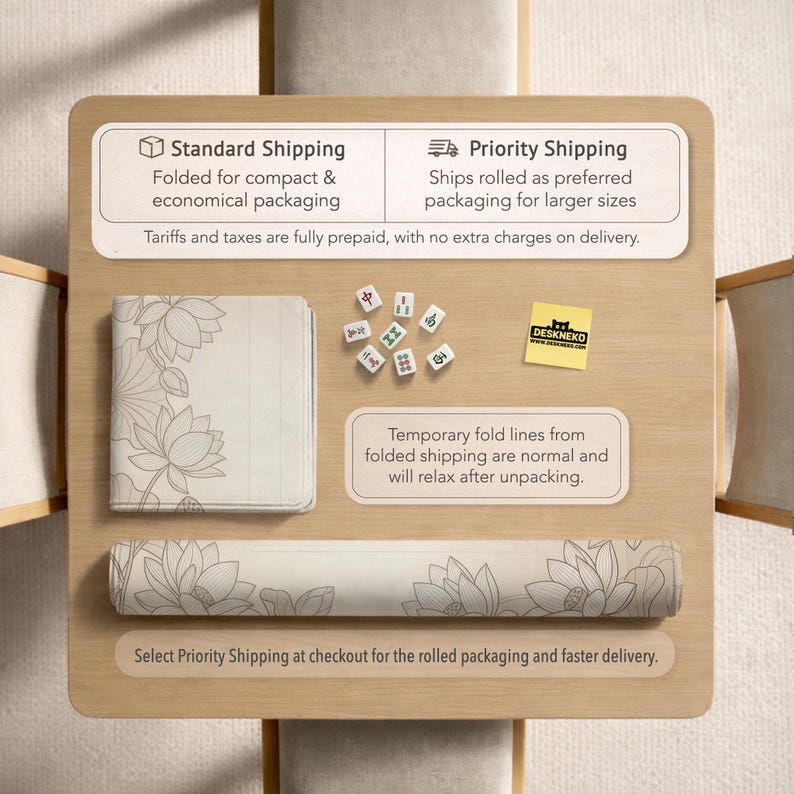 Puede incluir: Una superficie de madera muestra una esterilla plegada y enrollada con un dise&ntilde;o floral, junto con fichas de Mahjong y una pegatina DESKNEKO. El texto indica las opciones de env&iacute;o est&aacute;ndar y prioritario, detallando el embalaje y la entrega.