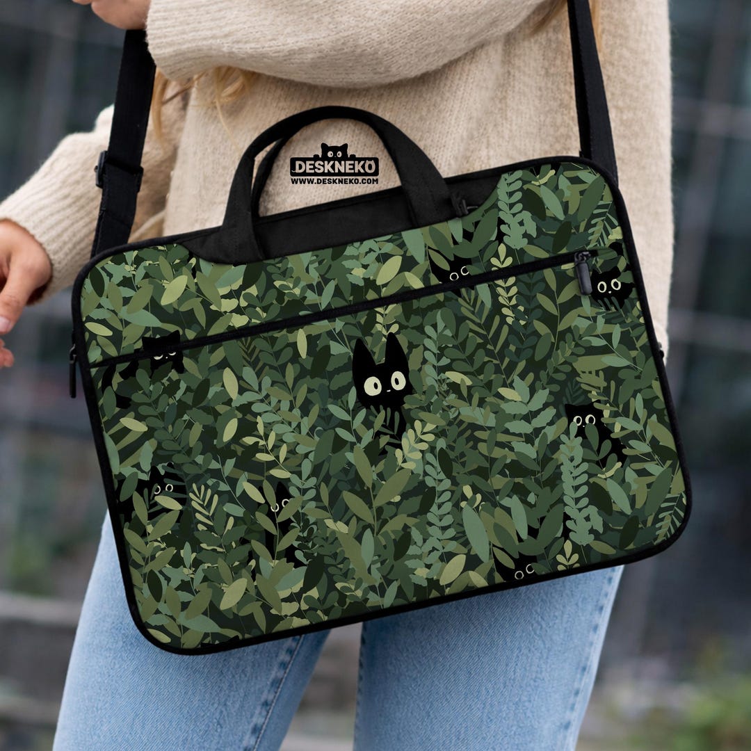 Botanical Cat Laptop Bag With Shoulder Strap, Forest Green Leaf ...