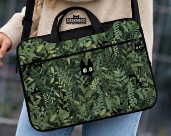Borsa per laptop con tracolla a forma di gatto botanico, custodia per computer con foglia verde bosco, simpatico regalo da viaggio tecnologico estetico a forma di gatto nero per lei