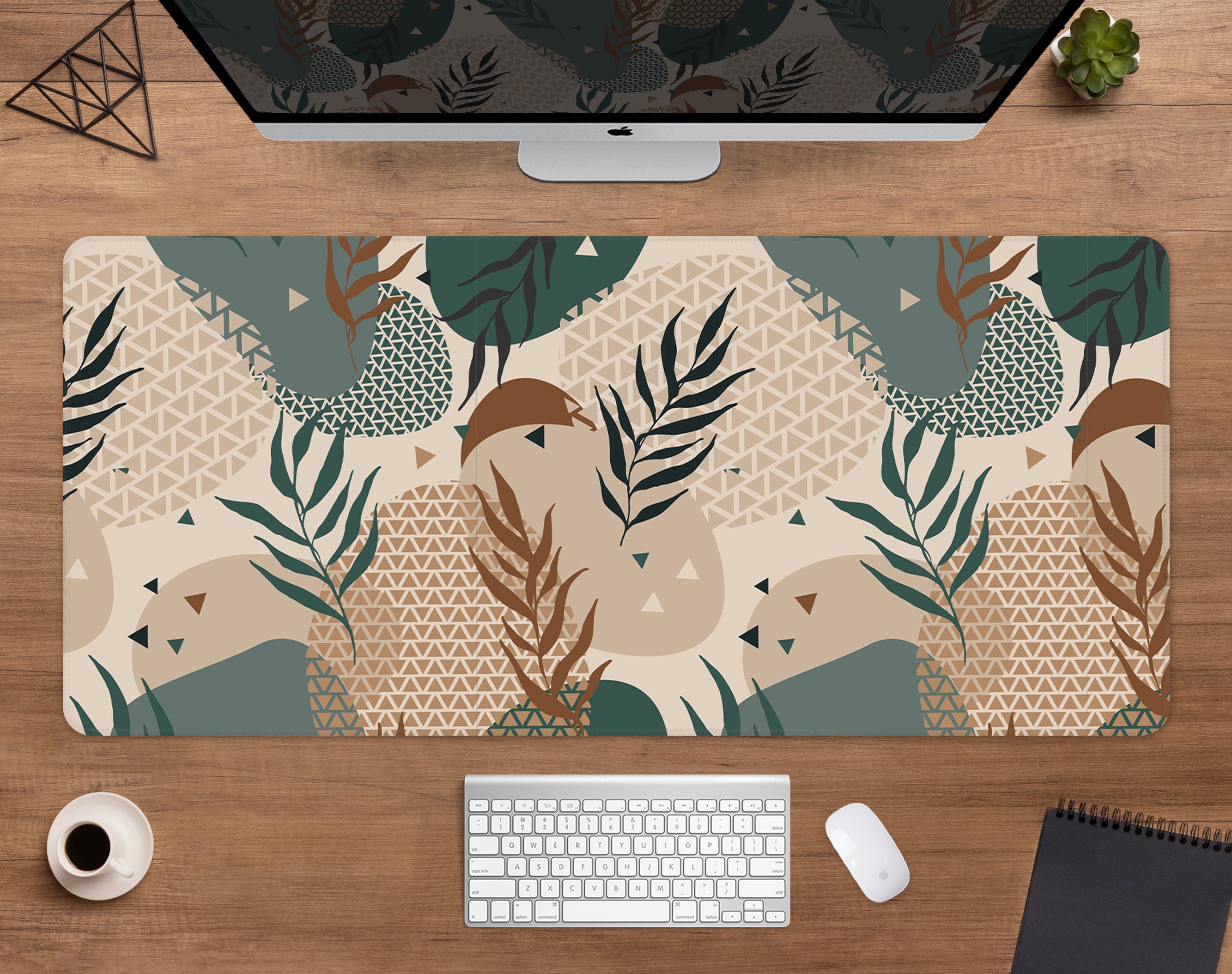 Boho Desk Mat Mousepad Green Beige, Cute Floral Monstera Leaves