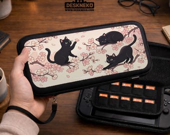 Cats Switch Case Compatible with Switch 2 and Switch 1, Cute Black Cat Cherry Blossom Console Bag, Aesthetic Travel Organizer Pouch
