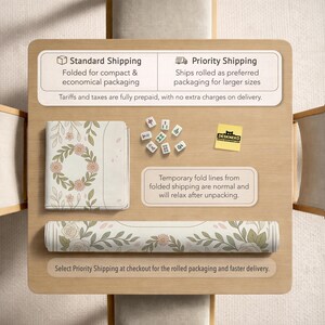 May include: A rectangular mat featuring a floral pattern with green leaves and pink flowers, shown both folded and rolled. Included are several small white tiles with red and green symbols, and a yellow square note with the text DESKNEKO.