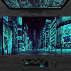 Gaming skrivbordsmatta xl, Tokyo Street musmatta, extra stor skrivbordsmatta anime, Grön turkos Vaporwave Skyline/City skrivbordsmatta, XXL musmatta A