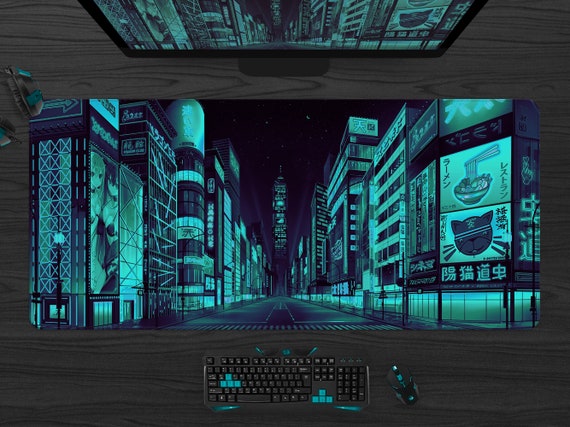 Gaming Desk Mat xl, Tokyo Street Mouse Pad, extra large deskmat anime, Green turquoise Vaporwave Skyline/City desk mat, XXL mousepad