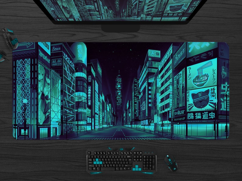 Gaming skrivbordsmatta xl, Tokyo Street musmatta, extra stor skrivbordsmatta anime, Grön turkos Vaporwave Skyline/City skrivbordsmatta, XXL musmatta A