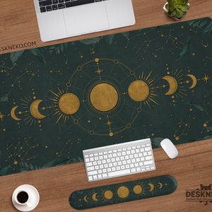 Celestial Desk Mat cottagecore, Dark Academia Mousepad forest green, Witchy witch goth aesthetic, Gold moon phases large deskmat mouse pad