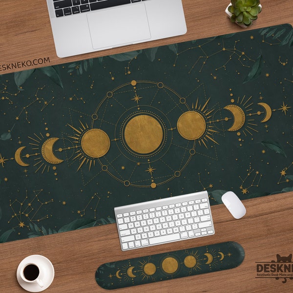 Celestial Desk Mat cottagecore, Dark Academia Mousepad forest green, Witchy witch goth aesthetic, Gold moon phases large deskmat mouse pad