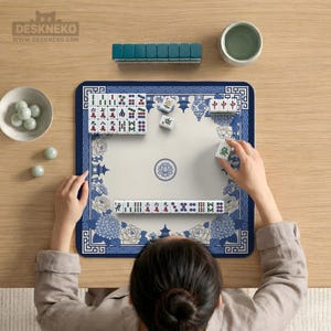 Blue White Floral Mahjong Mat, Chinoiserie Hydrangea Pagoda Tabletop Cover, Elegant Hostess Gift, Lotus Square Game Surface Decor Home image 4