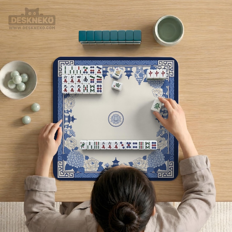 Blue White Floral Mahjong Mat, Chinoiserie Hydrangea Pagoda Tabletop Cover, Elegant Hostess Gift, Lotus Square Game Surface Decor Home image 4