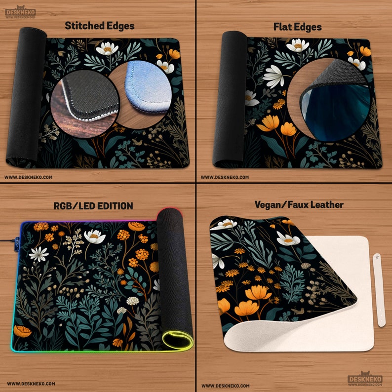 May include: Four different mouse pads with floral designs are displayed. One has stitched edges, another flat edges. The third is an RGB/LED edition, and the fourth is vegan/faux leather. Each pad features a black background with white and orange flowers.