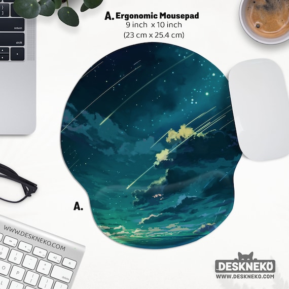 Anime Mouse Pad with Wrist Rest, Clouds Ergonomic Mousepad, Space Sky Keyboard matt, Hand Support pad, Dark Green Watercolor Desk Accessory