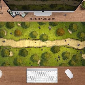 May include: A rectangular gaming mousepad with a detailed map design. The map features a green forest with a light brown path and grid lines. The mousepad measures 90 x 40 cm.