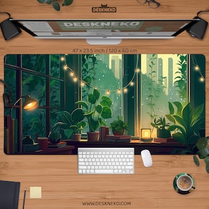 Green Desk Pad lofi, Rainy day Deskmat, House Plants mousepad, Dark academia, XXL gaming mouse pad rgb led, XL mouse pad extended desk mat