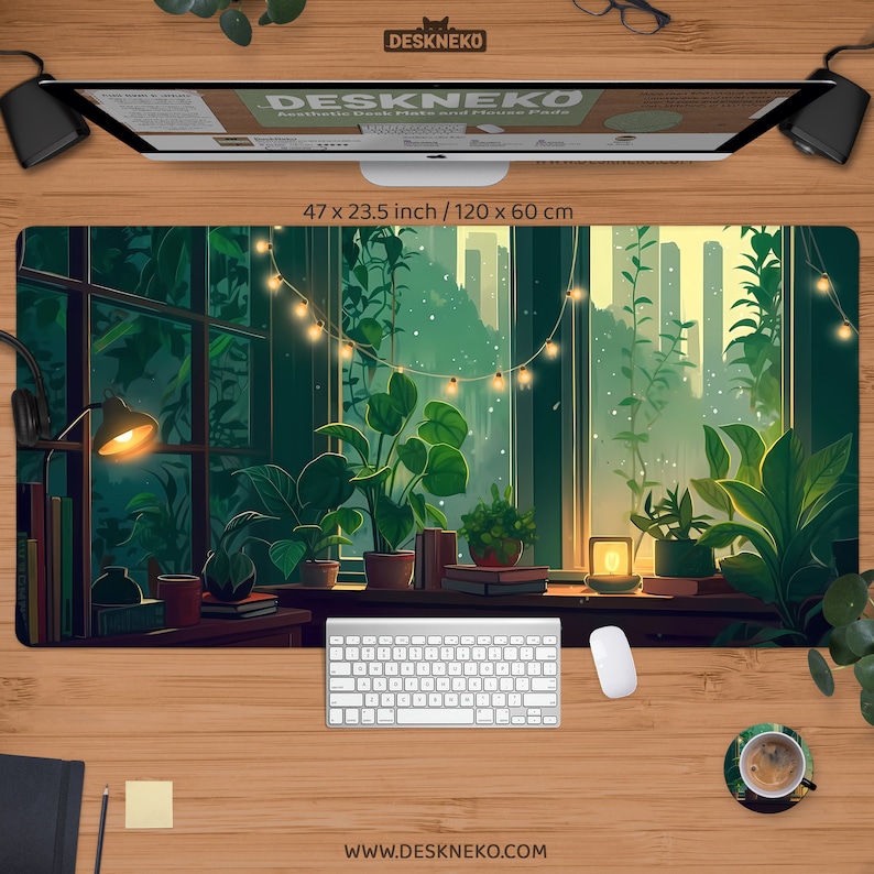 May include: Aesthetic desk mat with a botanical illustration featuring potted plants, a window view, and string lights. The mat measures 47 x 23.5 inches. Includes a keyboard, mouse, and a cup of coffee. The brand name is DESKNEKO.