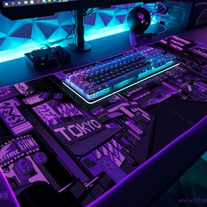 Purple Desk Mat RGB LED, Gaming Mousepad Large, Japanese Vaporwave Cyberpunk Anime Deskmat, Tokyo neon lights, XXL extended mouse pad xl