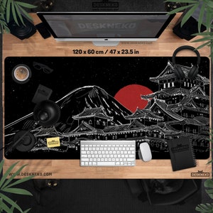 Black Red Desk Mat, Japanese Mouse pad, xl gaming deskmat, rgb led xxl, high quality ergonomic keyboard table matt large, Oriental landscape