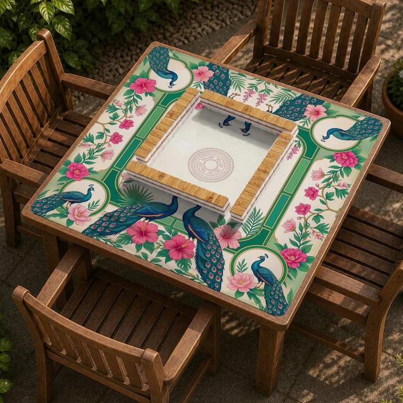 May include: A square wooden table with four matching chairs, featuring a tabletop decorated with a green border, pink hibiscus flowers, and blue peacock illustrations. A square bamboo-framed game tray sits in the center of the table.