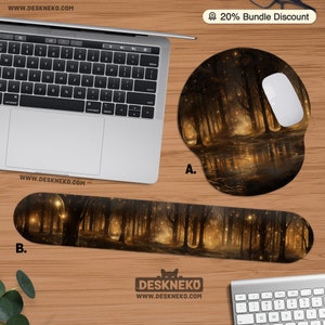 May include: A computer setup featuring a laptop, a white mouse, and two desk accessories. The accessories include a round mousepad and a long wrist rest, both with a forest scene design in shades of brown and gold. The image also includes the text "20% Bundle Discount".
