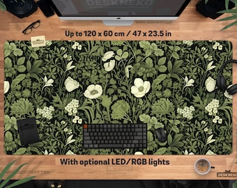 Botanical Desk Mat, Green Mouse Pad, Large gaming mousepad xl, office table matt, Dark cottagecore deskmat xxl, Art nouveau nature plants