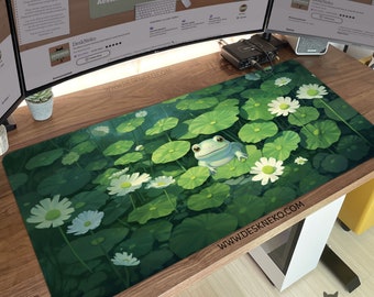 Anime Frog Desk Mat cute, Large Mouse Pad Green, Kawaii Froggy Mousepad, Giant led deskmat xl, Japanese water lily, Aesthetic deskpad