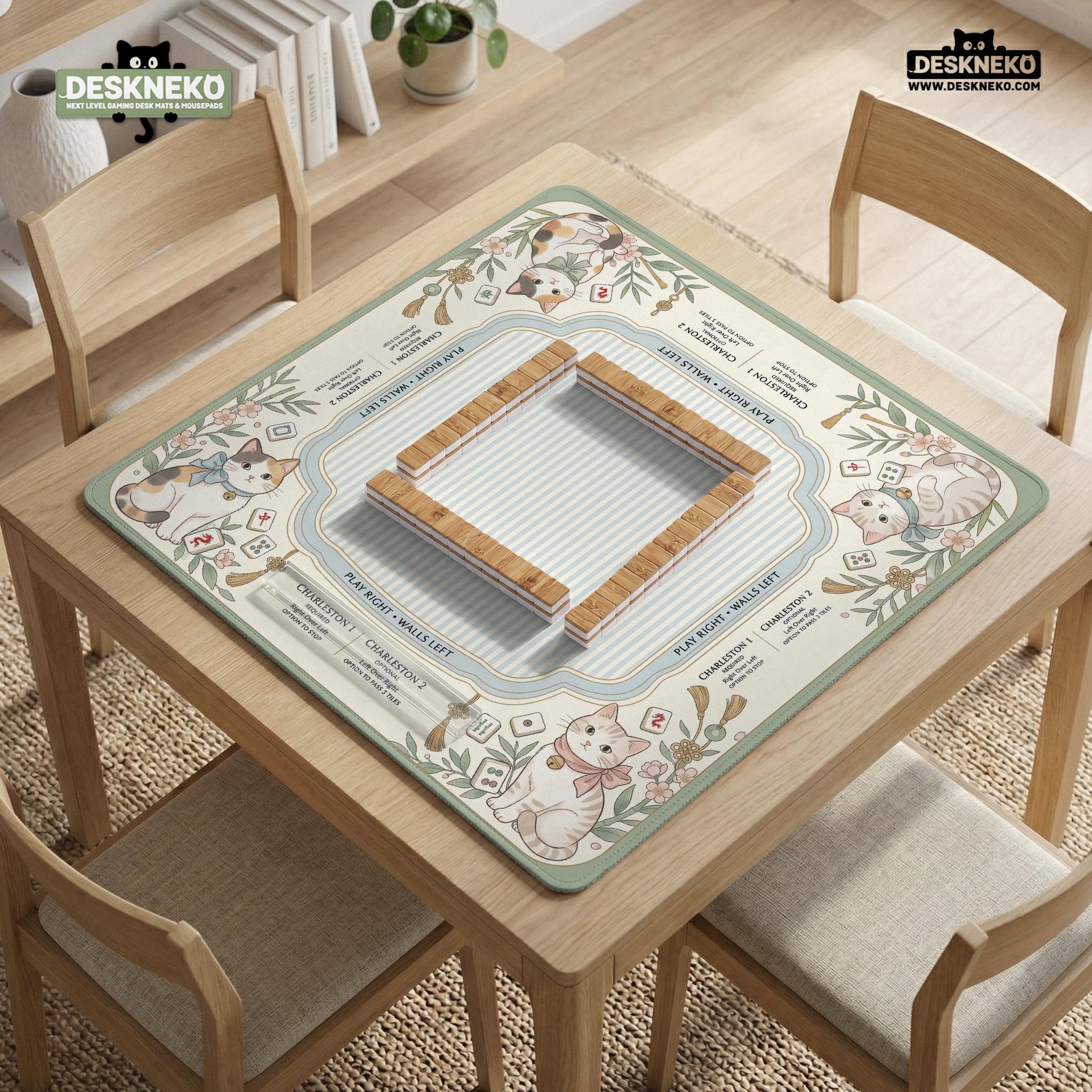 Chinoiserie Cat Mahjong Mat With Rules, Blue Tablecloth Style Game