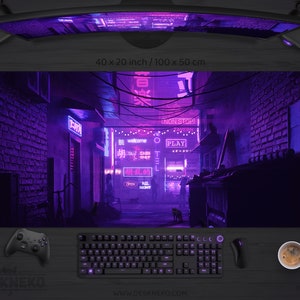 Gaming Desk Mat led, Large Mousepad anime xl, Japanese Mouse Pad RGB, Purple vaporwave neon tokyo, Cyberpunk xxl extended deskmat/playmat
