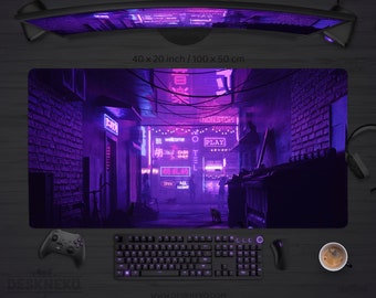 Alfombrilla de escritorio para juegos LED, alfombrilla de ratón grande Anime XL, alfombrilla de ratón japonesa RGB, neón morado Tokio Vaporwave, alfombrilla de escritorio/juegos Cyberpunk XXL extendida