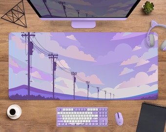 Anime bureauonderlegger paars, schattige Japanse landschap muismat XL, lo-fi studio lofi kunst, pastel lila kawaii landschap XXL gaming bureauonderlegger, muismat