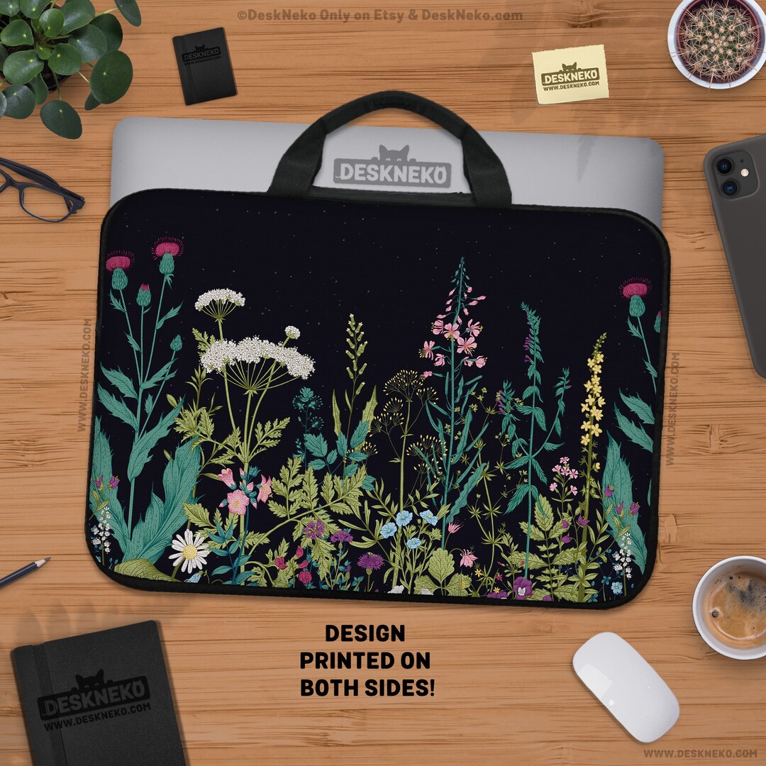Cottagecore Laptop Sleeve, Computer Bag, Botanical Floral Plants, Dark ...