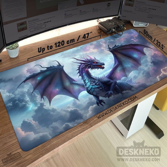 Blue Dragon Desk Mat: Fantasy Mouse pad xl, dnd mtg play mat, gaming mousepad led, keyboard matt, magic landscape deskmat, Gift for gamer